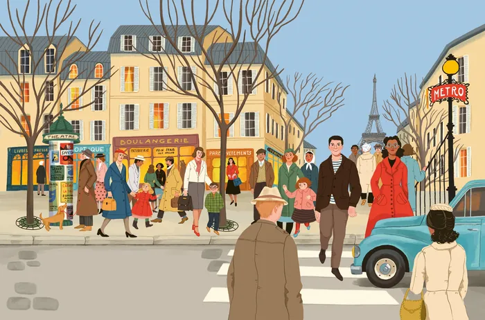 Illustration of people crossing a Paris street near Eiffel Tower