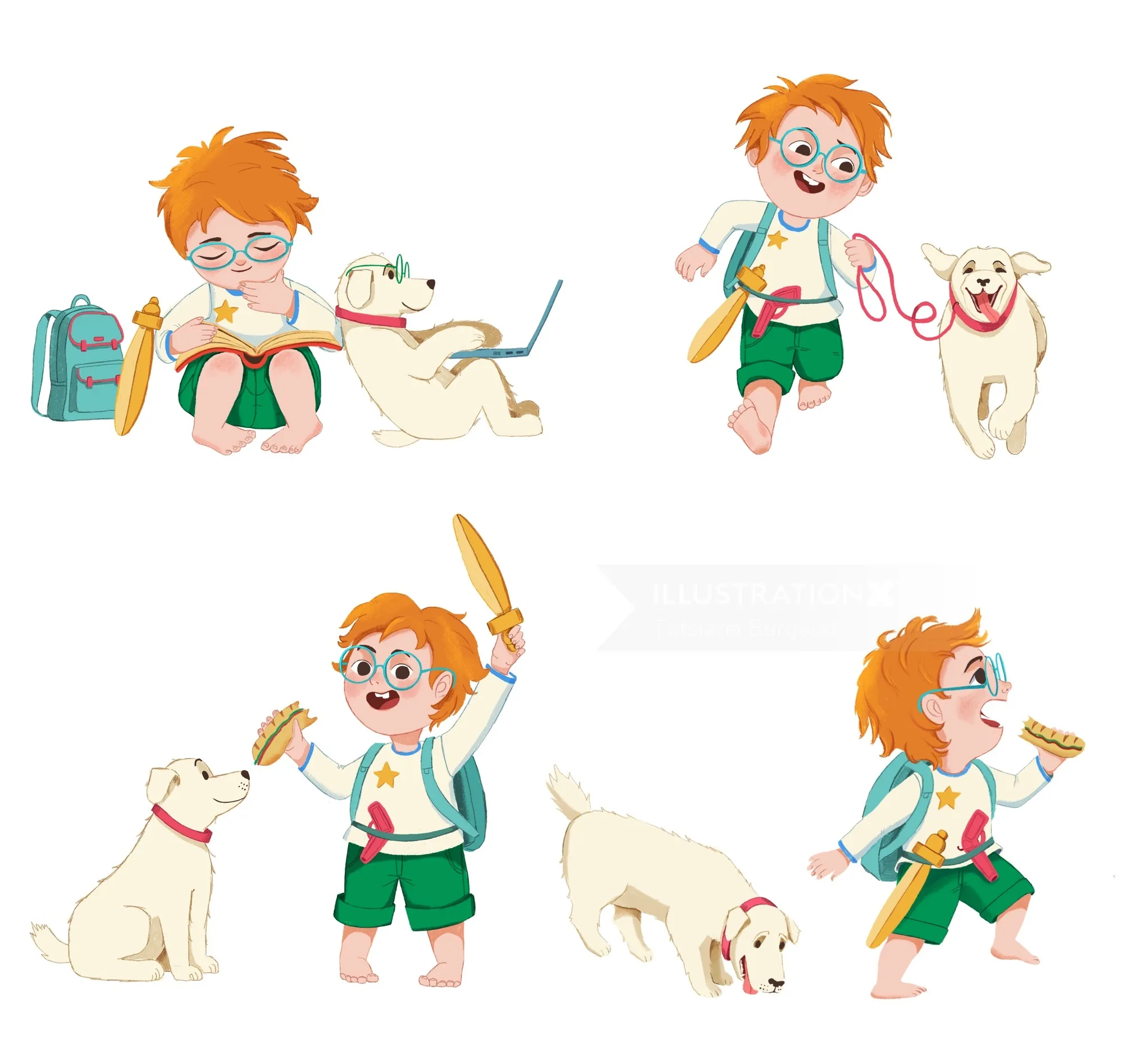 Illustrationen eines spielenden und mit einem weißen Hund spazierenden Jungen