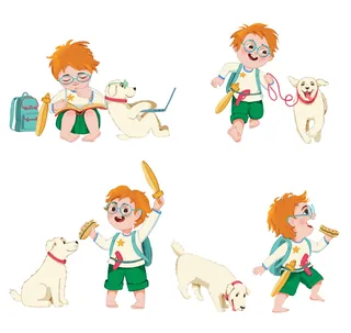 Young boy playing and walking with a white dog in illustrations