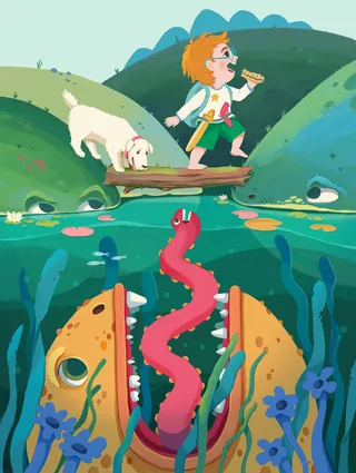 Boy and dog on plank over water with sea monster tentacle
