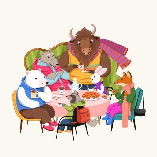 Anthropomorphic animals enjoying tea around a table