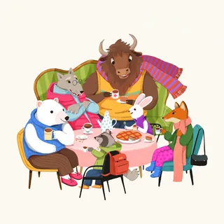 Anthropomorphic animals enjoying tea around a table