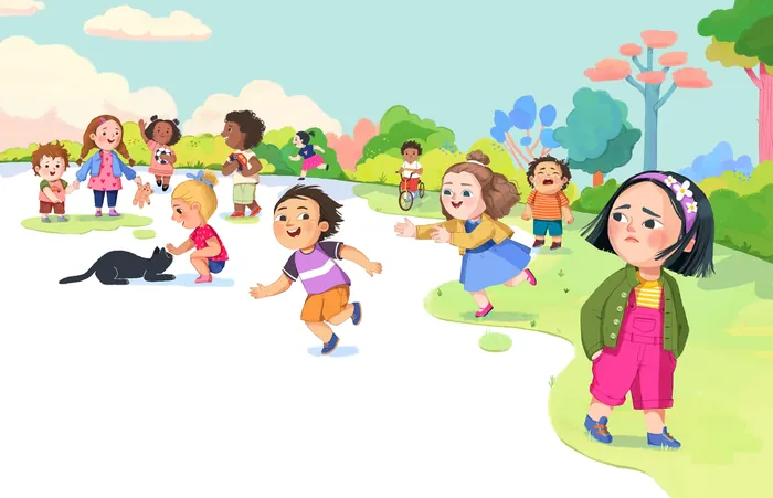 Sad girl alone while other children play together outdoors