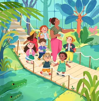 Teacher leading diverse children on a suspension bridge over water with crocodiles