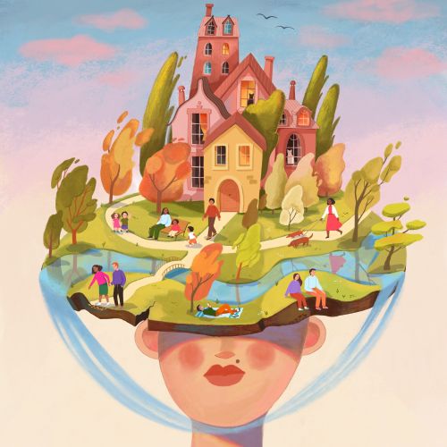 Surreal landscape with houses and people inside a floating head bowl
