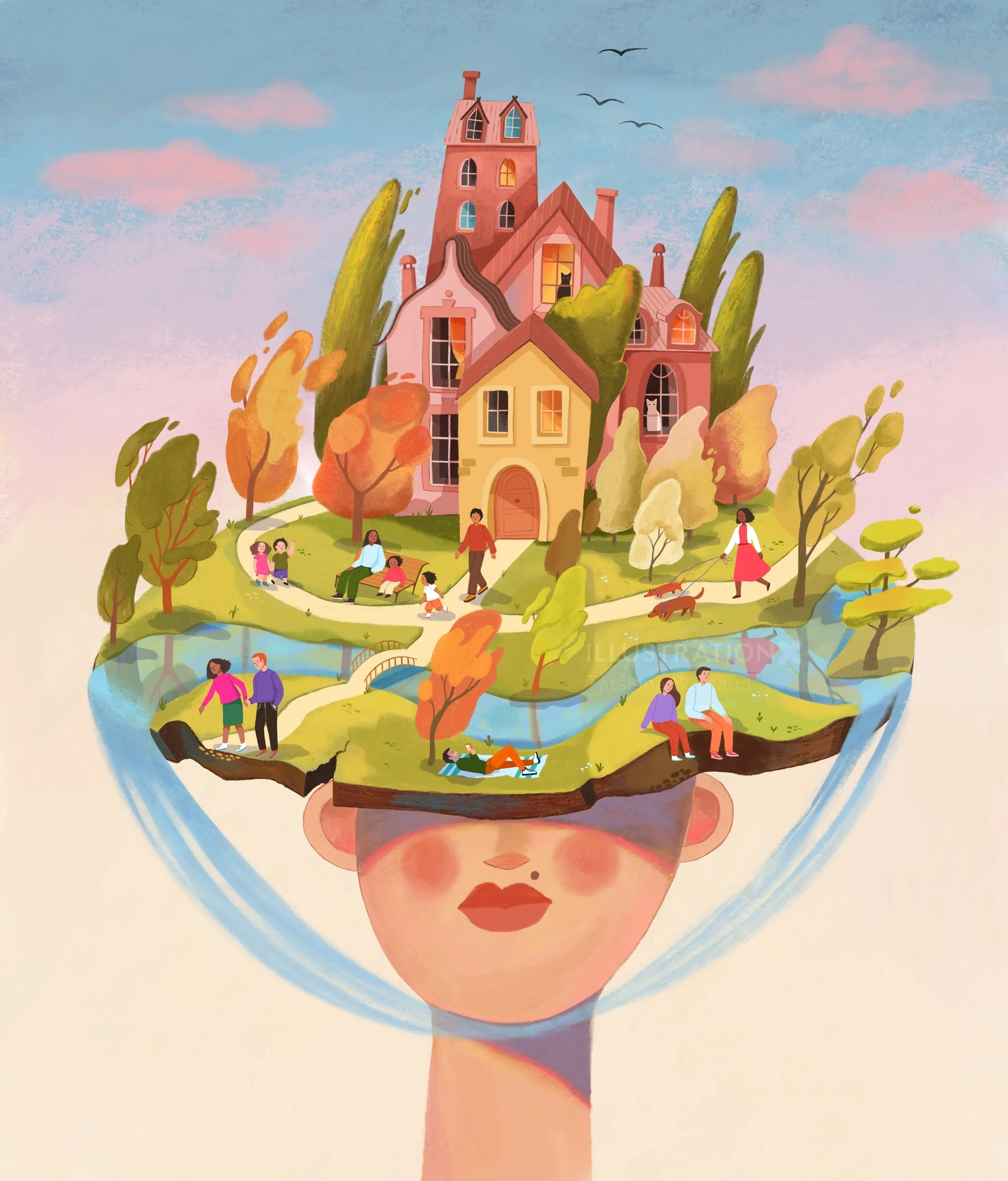 Surreal landscape with houses and people inside a floating head bowl