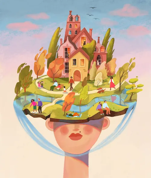 Surreal landscape with houses and people inside a floating head bowl