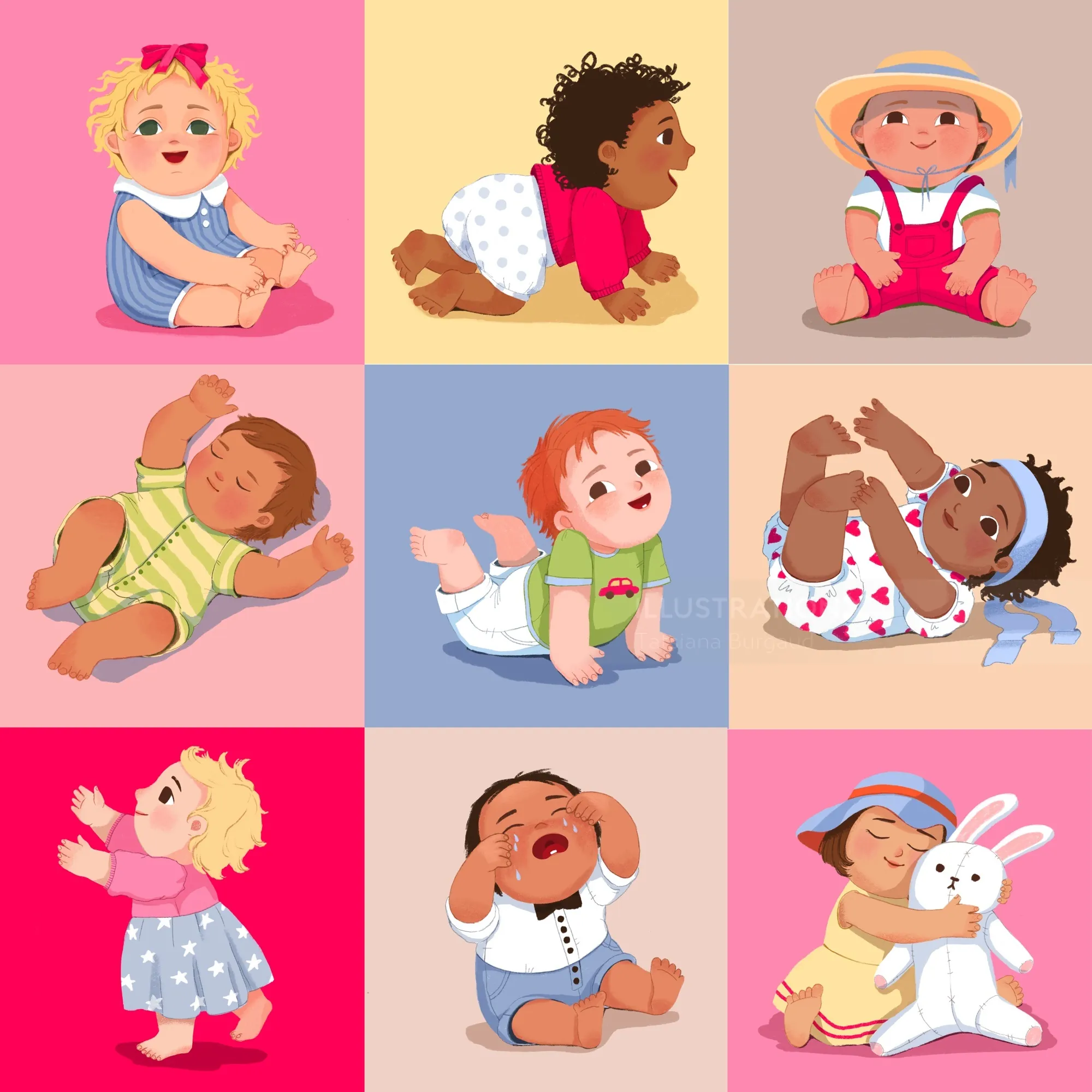 Illustration of diverse babies in various poses on colorful backgrounds