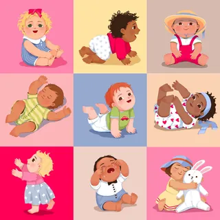 Illustration of diverse babies in various poses on colorful backgrounds