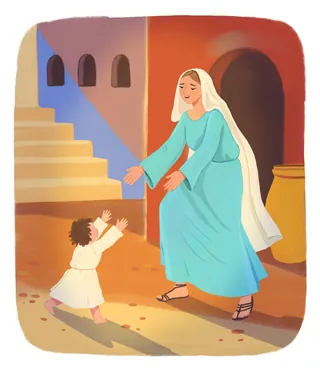 Mother warmly reaching out to toddler on a village street