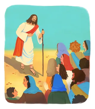 Illustration of Jesus teaching a group of diverse people outdoors