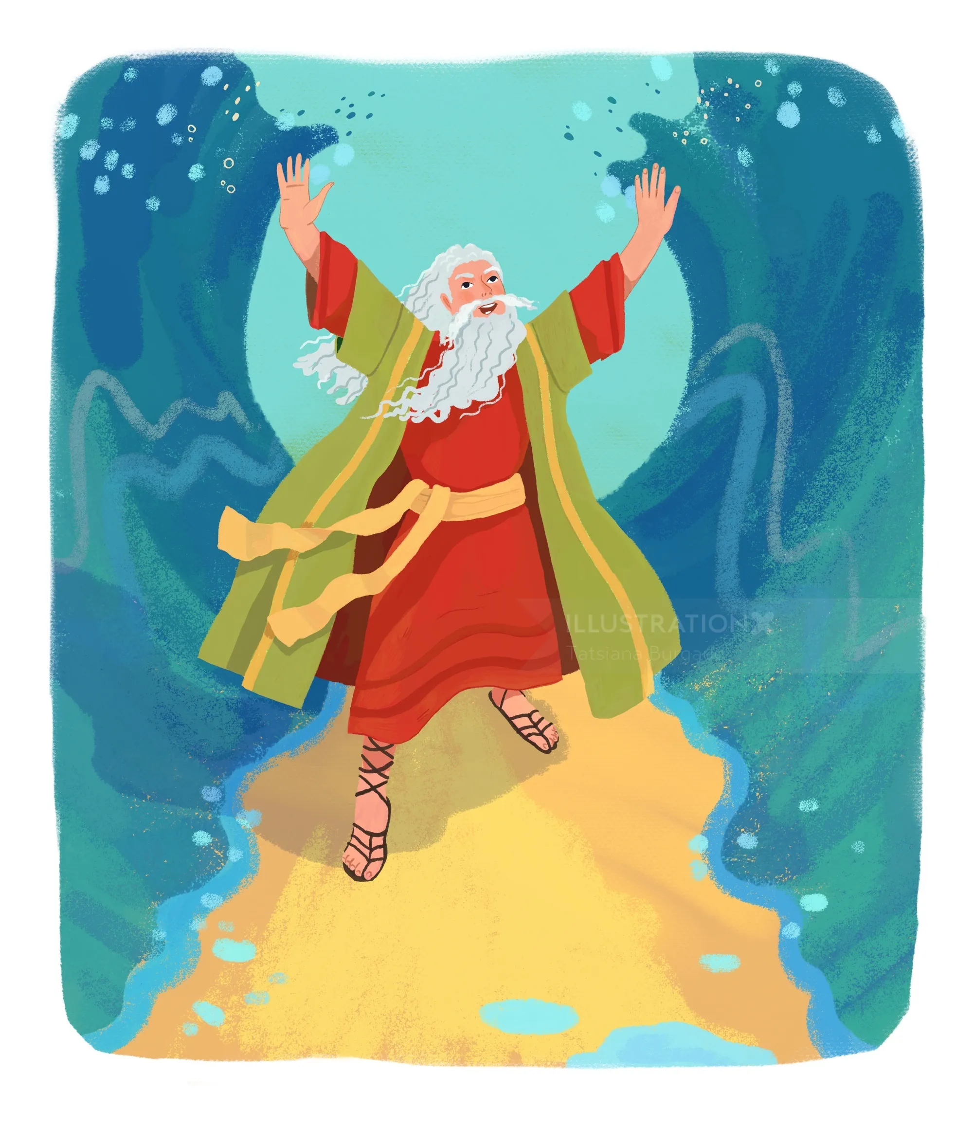 Illustration of Moses parting the sea with arms raised