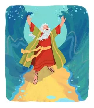 Illustration of Moses parting the sea with arms raised