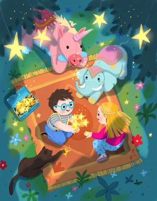 Children with glowing stars and stuffed animals on picnic blanket