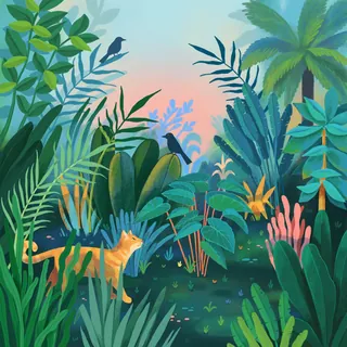 Orange cat exploring lush tropical garden with birds at sunset