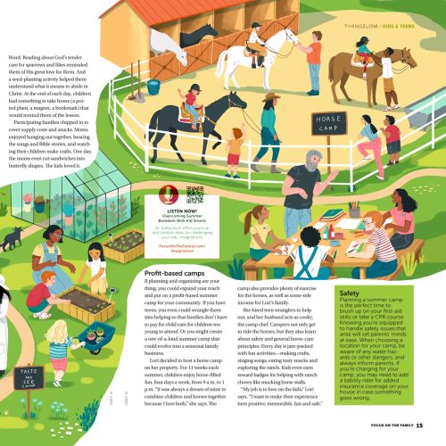 Illustration of diverse children and adults enjoying summer camp activities outdoors