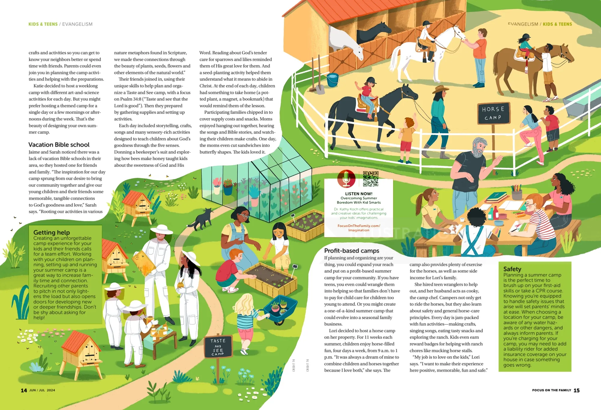 Illustration of diverse children and adults enjoying summer camp activities outdoors