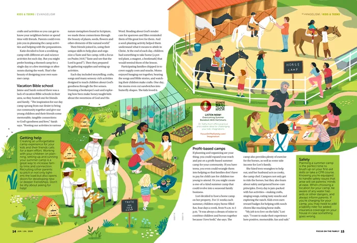 Illustration of diverse children and adults enjoying summer camp activities outdoors