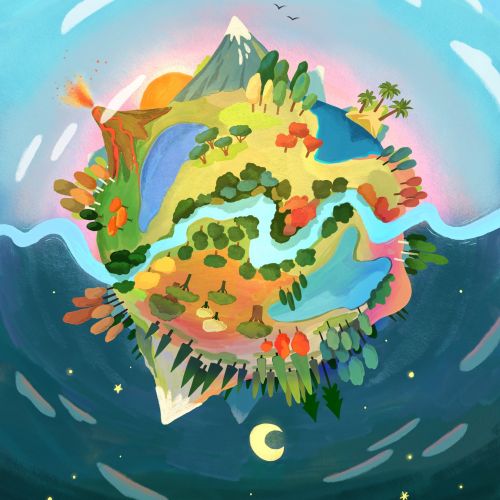 Colorful small planet with trees, mountains, volcano, and rivers