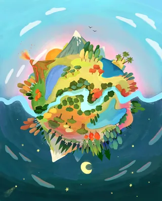 Colorful small planet with trees, mountains, volcano, and rivers