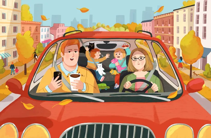 Family of six enjoying a car ride on an autumn day