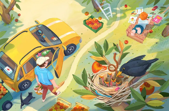 Person near yellow car and picnic setup with birds in nest