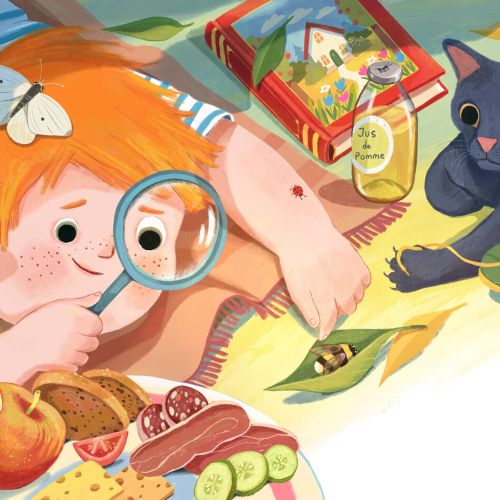 Child with magnifying glass examining insect on floor near cat and snacks