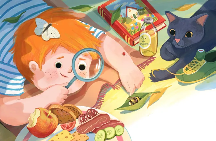 Child with magnifying glass examining insect on floor near cat and snacks