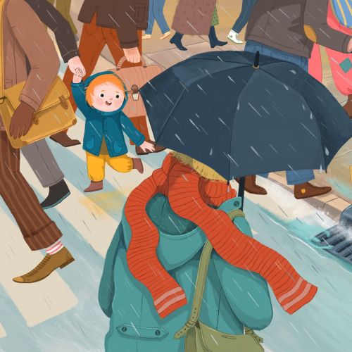 Person holding umbrella and scarf walking in busy street with people