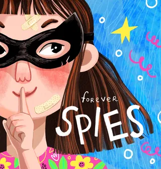 Cartoon girl with black mask and finger to lips, colorful background