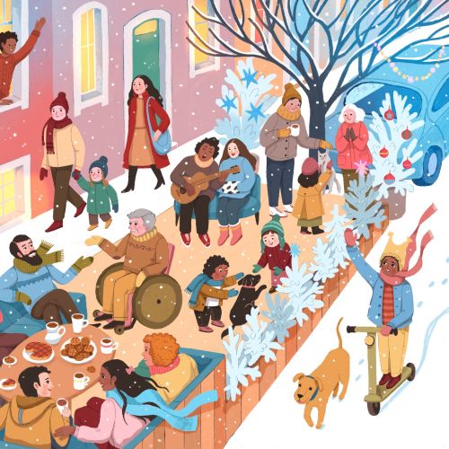 Diverse group enjoying outdoor winter holiday gathering with snow