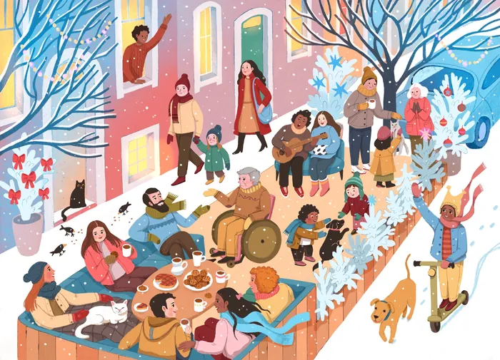 Diverse group enjoying outdoor winter holiday gathering with snow