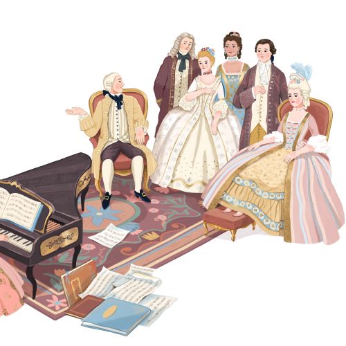 Mozart and his sister performing music with a group in 18th century attire
