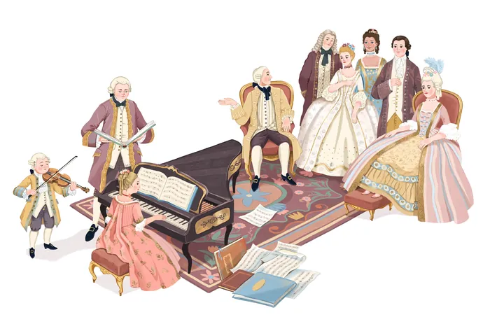 Mozart and his sister performing music with a group in 18th century attire