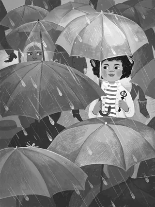 Child holding a magic key under clear umbrella in rain