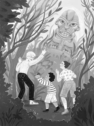 Three children and an adult discover a large stone face in forest