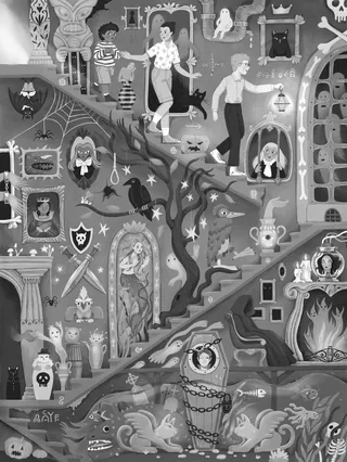 Black and white Halloween illustration by Tatsiana Burgaud with ghosts, costumes, and spooky decorat