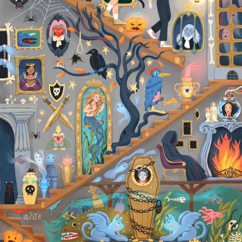 Halloween haunted house with children, spooky decorations, and a fireplace by Tatsiana Burgaud