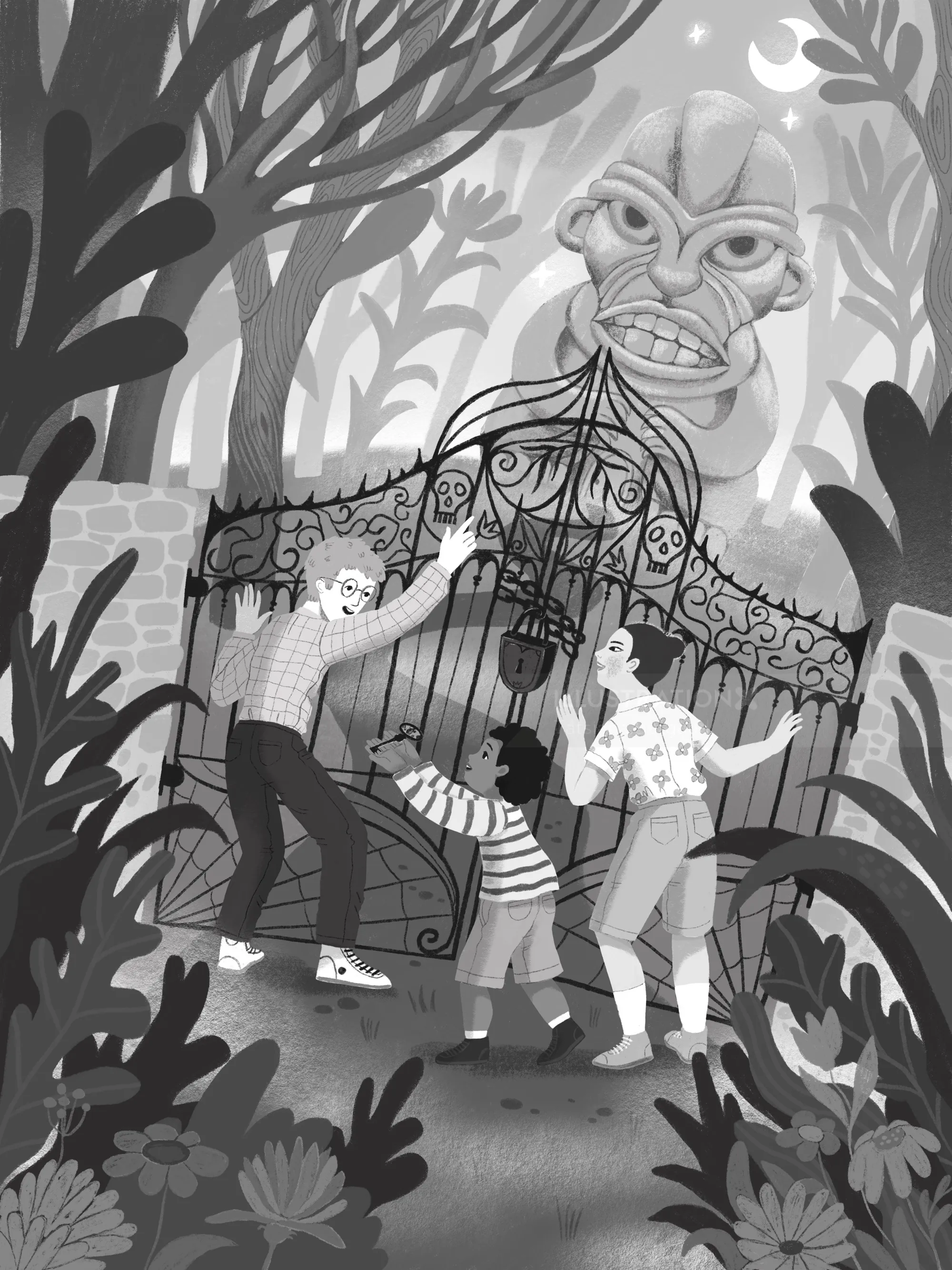 Family encountering large mask above wrought iron gate in forest by Tatsiana Burgaud