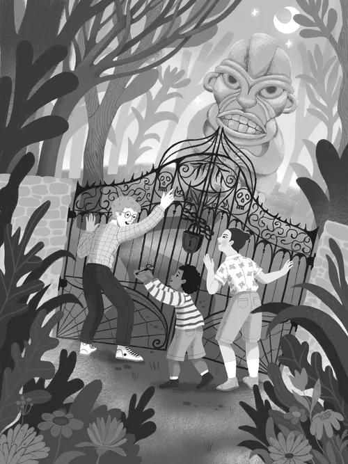Family encountering large mask above wrought iron gate in forest by Tatsiana Burgaud