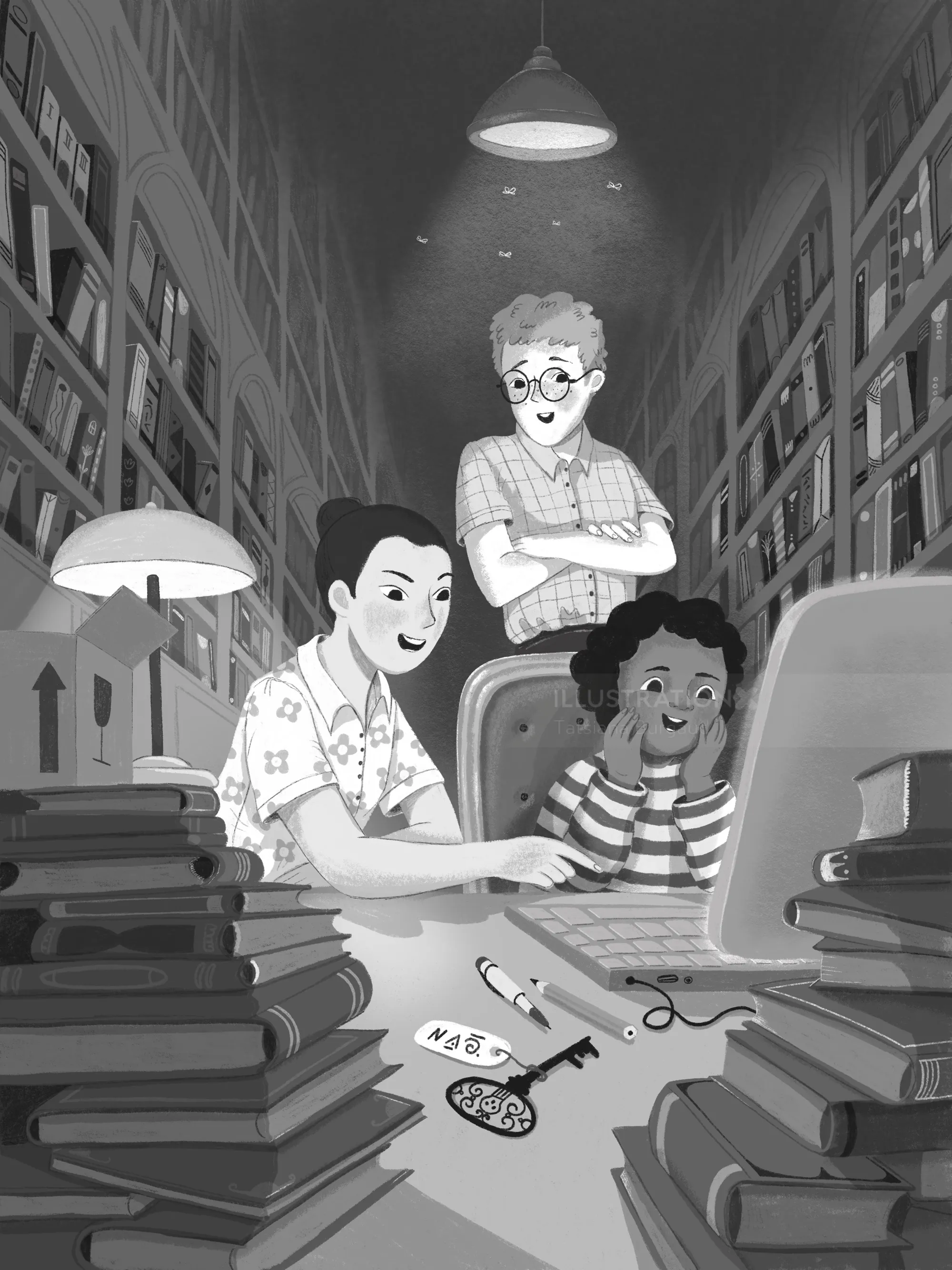 Three people excitedly looking at computer screen by Tatsiana Burgaud