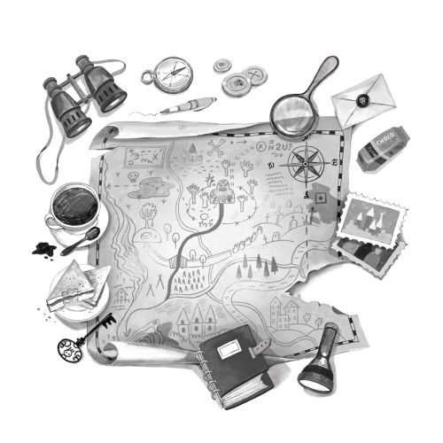 Illustration of a treasure map surrounded by compass, binoculars, and other items by Tatsiana Burgau