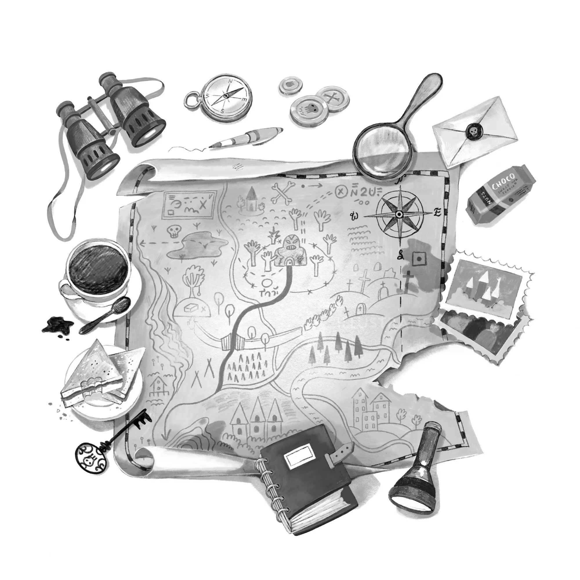 Illustration of a treasure map surrounded by compass, binoculars, and other items by Tatsiana Burgau