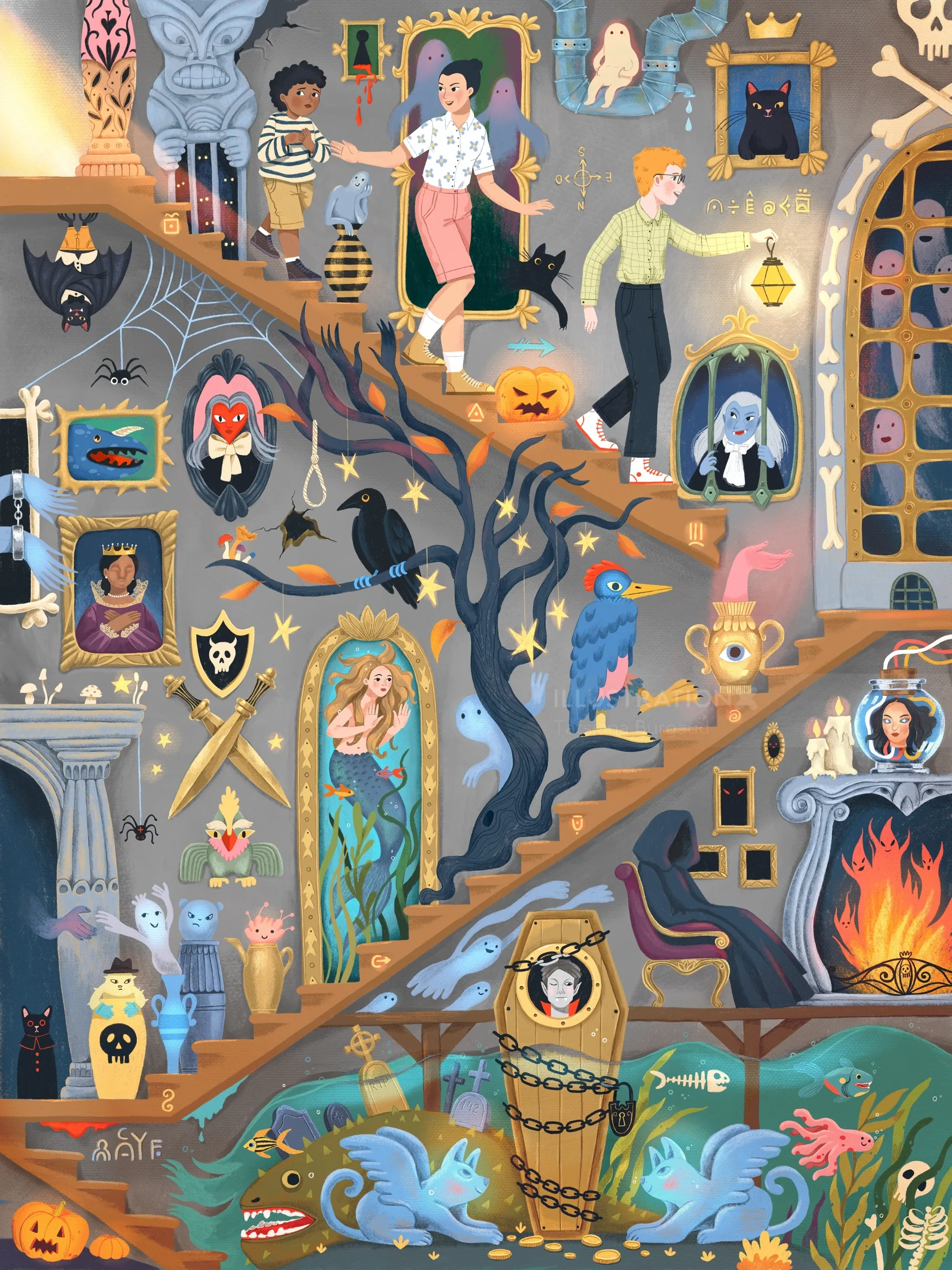 Halloween party scene in haunted mansion with ghosts, pumpkins, and costumes by Tatsiana Burgaud
