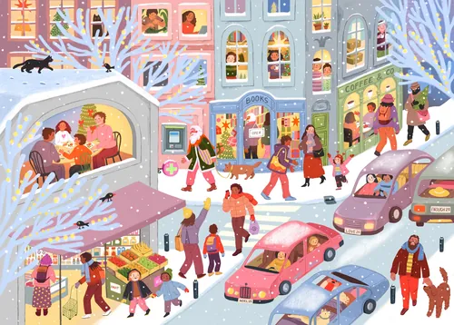 Winter street scene with people, cars, and holiday decorations by Tatsiana Burgaud