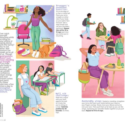 Illustration of diverse women working and studying in colorful office and classroom scenes by Tatsia