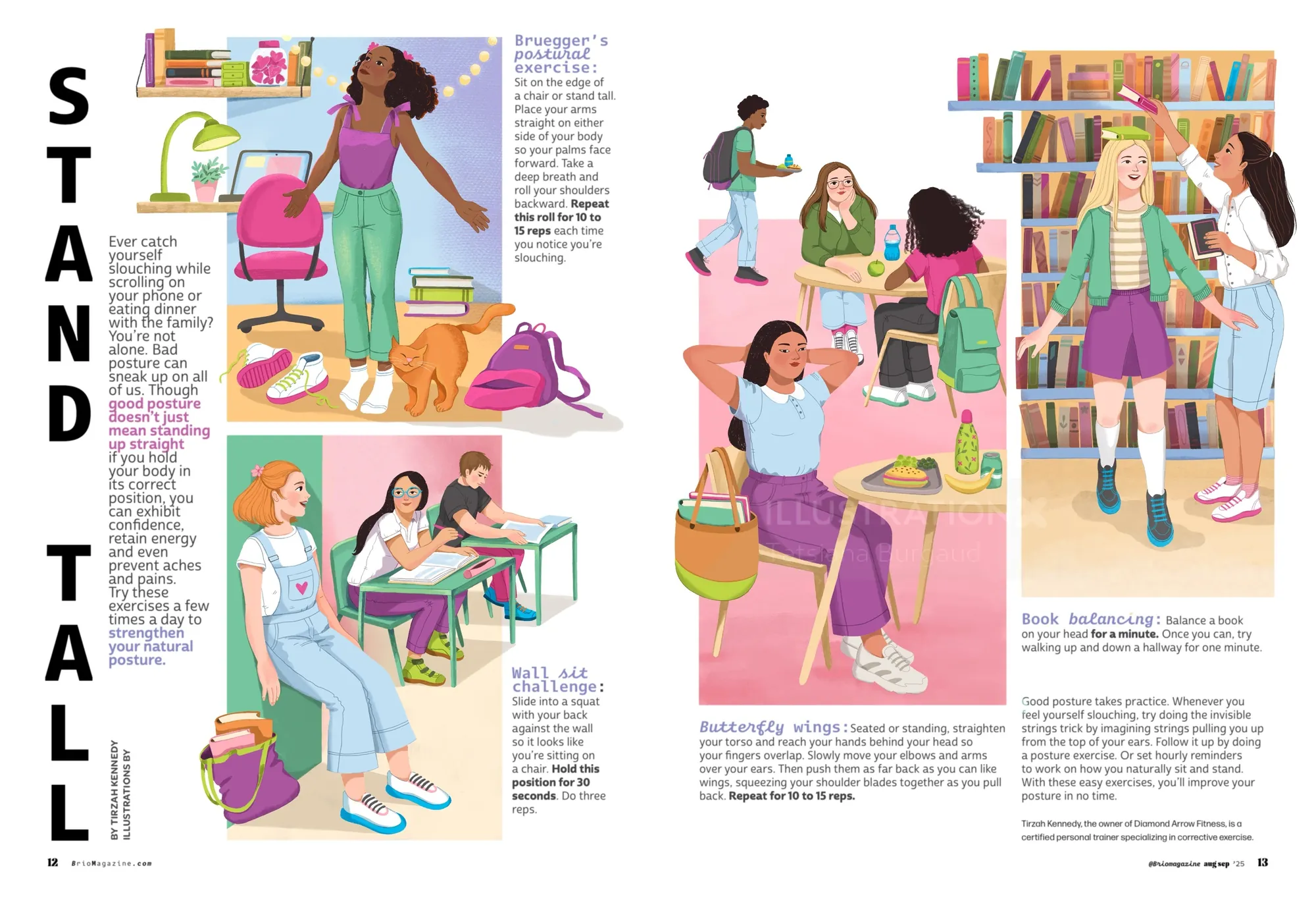 Ilustración de diversas mujeres trabajando y estudiando en coloridas escenas de oficinas y aulas por Tatsia