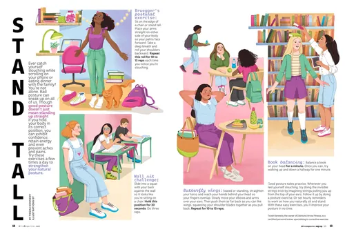 Illustration of diverse women working and studying in colorful office and classroom scenes by Tatsia