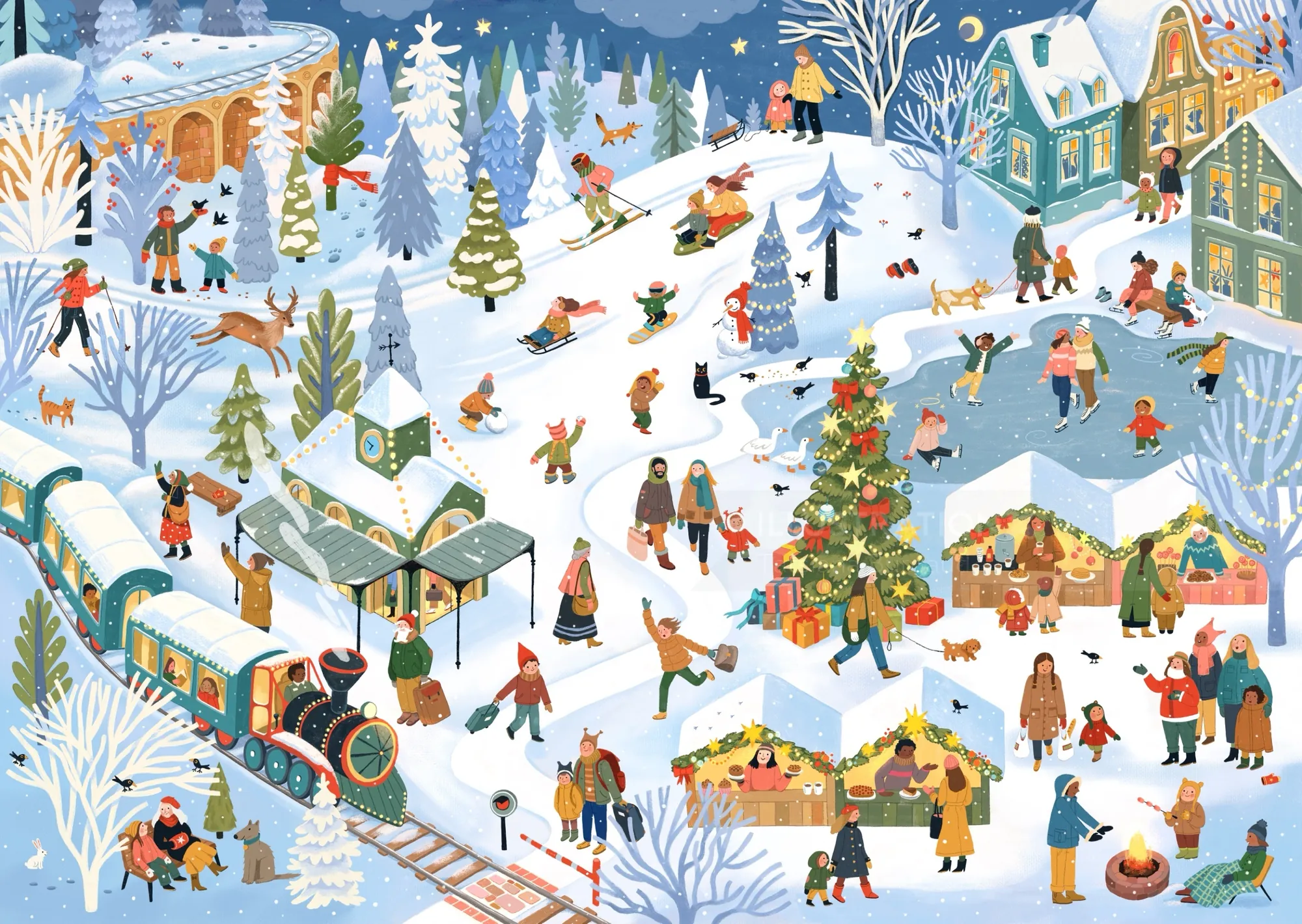 Winter holiday market and ice rink with people enjoying festivities by Tatsiana Burgaud