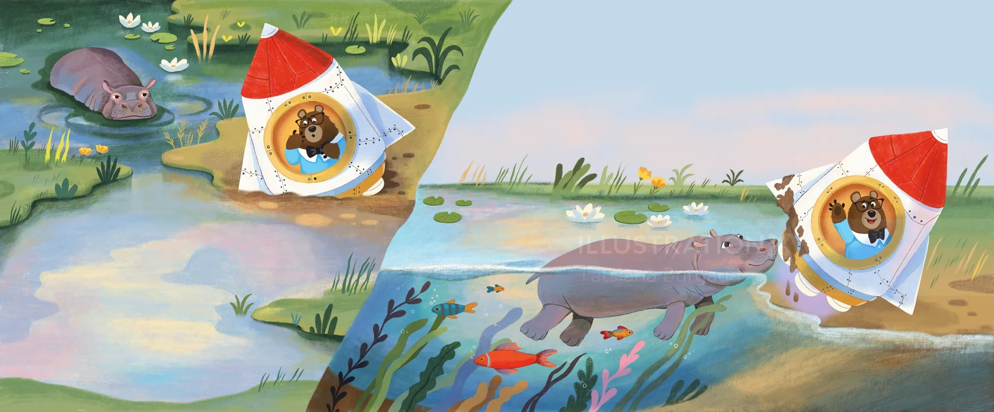 Ilustración de nutrias jugando cerca de un río con sombreros festivos por Tatsiana Burgaud